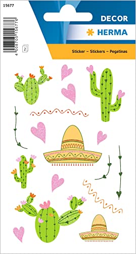 HERMA 15677 Aufkleber Kaktus Glitzer klein groß, 34 Stück, Sommer Sticker mit Sombrero Hut Herzen Motiv, Kinder Etiketten für Fotoalbum Tagebuch Poesiealbum Scrapbooking Geburtstag Dekoration Basteln von HERMA