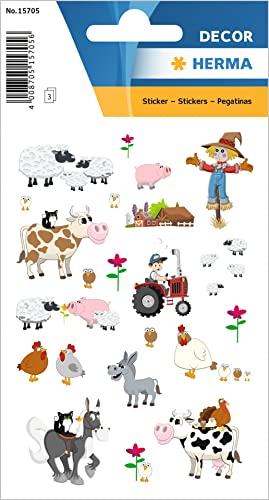 HERMA 15705 Aufkleber Bauernhoftiere klein groß, 72 Stück, Tiere Sticker mit Kuh Pferd Esel Schaf Schwein Huhn Motiv, Kinder Etiketten für Fotoalbum Tagebuch Scrapbooking Geburtstag Deko Briefe DIY von HERMA