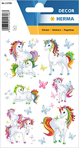 HERMA 15708 Aufkleber Einhorn klein groß, 51 Stück, Tiere Sticker mit Einhörner Schmetterlinge Motiv, Kinder Etiketten für Fotoalbum Tagebuch Poesiealbum Scrapbooking Geburtstag Deko Briefe DIY von HERMA