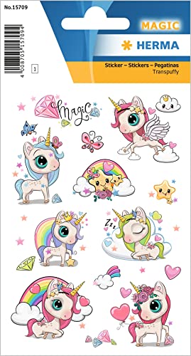 HERMA 15709 Aufkleber Einhorn klein groß, 16 Stück, Tiere Sticker mit süße Pony Einhörner Motiv, Kinder Etiketten für Fotoalbum Tagebuch Poesiealbum Scrapbooking Geburtstag Deko Briefe DIY Basteln von HERMA