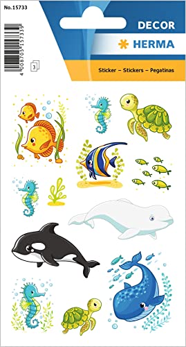 HERMA 15733 Aufkleber Meerestiere klein, 36 Stück, Tiere Sticker mit Seepferdchen Fisch Blauwal Schildkröte Orca Motiv, Kinder Etiketten für Fotoalbum Tagebuch Scrapbooking Geburtstag Deko DIY Basteln von HERMA