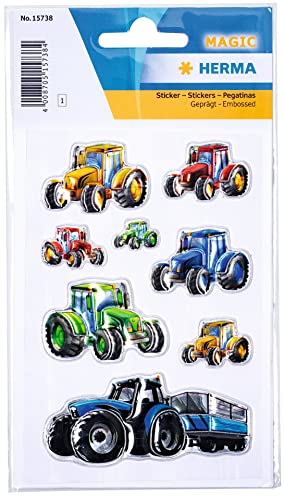 HERMA 15738 Aufkleber Traktor klein groß, 8 Stück, Auto Sticker mit Trecker Motiv und Prägung, Kinder Etiketten für Fotoalbum Tagebuch Poesiealbum Scrapbooking Geburtstag Dekoration Briefe DIY Basteln von HERMA