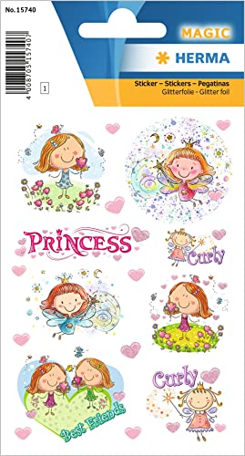 HERMA 15740 Aufkleber Prinzessin Feen Glitzer klein, 22 Stück, Mädchen Sticker mit lustigen Princess Motiv, Kinder Etiketten für Fotoalbum Tagebuch Poesiealbum Scrapbooking Geburtstag Deko Briefe DIY von HERMA