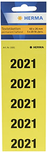 HERMA 1681 Jahreszahlen Aufkleber 2021 für Ordner, 100 Stück, 60 x 26 mm, 5 pro Bogen, selbstklebend, blickdichte Textetiketten, matt, Papier Klebeetiketten Aufkleber, gelb von HERMA