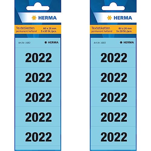 HERMA 1682 Jahreszahlen Aufkleber 2022 für Ordner (60 x 26 mm, Papier, matt, blickdicht) selbstklebend, permanent haftende Textetiketten, 100 Etiketten, blau (Packung mit 2) von HERMA
