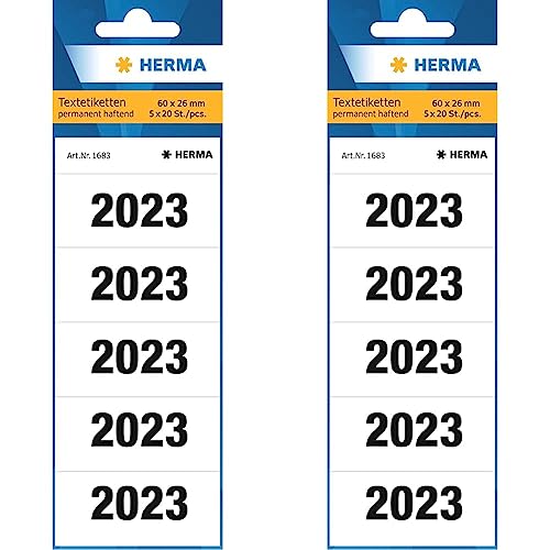 HERMA 1683 Jahreszahlen Aufkleber 2023 für Ordner (60 x 26 mm, Papier, matt, blickdicht) selbstklebend, permanent haftende Textetiketten, 100 Etiketten, weiß (Packung mit 2) von HERMA