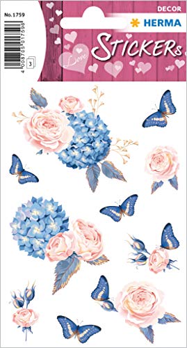 HERMA 1759 Aufkleber Blumen Blau Rosa klein groß, 30 Stück, Rosen Sticker mit Schmetterlingen, selbstklebend, Etiketten für Valentinstag Liebe Hochzeit Geburtstag Scrapbooking Dekoration Geschenk DIY von HERMA