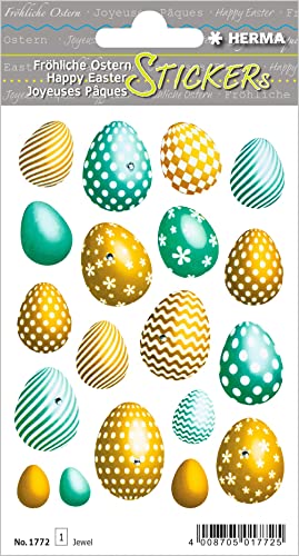 HERMA 1772 Aufkleber Ostereier Glitzer klein, 19 Stück, Ostern Sticker mit gold grün, Happy Easter Etiketten für Ostergeschenke Osterdeko Scrapbooking Dekoration Geschenk Briefe DIY Basteln von HERMA