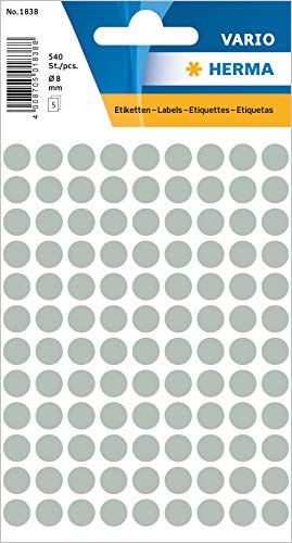 HERMA 1838 Punktaufkleber Klebepunkte grau, 540 Stück, Ø 8 mm, 108 pro Bogen, selbstklebend, Markierungspunkte für Kalender Planer Basteln, matt, blanko Papier Farbpunkte Etiketten Aufkleber von HERMA