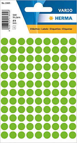 HERMA 1845 Vielzweck-Etiketten / Farbpunkte rund (Ø 8 mm, 5 Blatt, Papier, matt) selbstklebend, permanent haftende Markierungspunkte zur Handbeschriftung, 540 Klebepunkte, grün von HERMA
