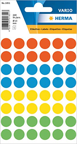 HERMA 1851 Punktaufkleber Klebepunkte bunt, 240 Stück, Ø 13 mm, 48 pro Bogen, selbstklebend, Markierungspunkte für Kalender Planer Basteln, matt, blanko Papier Farbpunkte Etiketten Aufkleber HERMA 1851 Punktaufkleber Klebepunkte bunt, 240 Stück, Ø 13 mm, 48 pro Bogen, selbstklebend, Markierungspunkte für Kalender Planer Basteln, matt, blanko Papier Farbpunkte Etiketten Aufkleber von HERMA