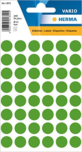 HERMA 1855 Punktaufkleber Klebepunkte grün, 240 Stück, Ø 13 mm, 48 pro Bogen, selbstklebend, Markierungspunkte für Kalender Planer Basteln, matt, blanko Papier Farbpunkte Etiketten Aufkleber von HERMA