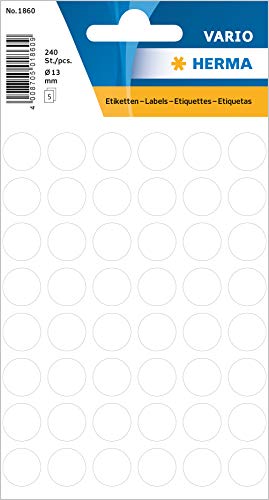 HERMA 1860 Punktaufkleber Klebepunkte weiß, 240 Stück, Ø 13 mm, 48 pro Bogen, selbstklebend, Markierungspunkte für Kalender Planer Basteln, matt, blanko Papier Farbpunkte Etiketten Aufkleber von HERMA