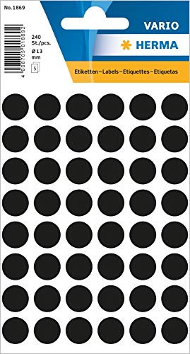 HERMA 1869 Punktaufkleber Klebepunkte schwarz, 240 Stück, Ø 13 mm, 48 pro Bogen, selbstklebend, Markierungspunkte für Kalender Planer Basteln, matt, blanko Papier Farbpunkte Etiketten Aufkleber von HERMA