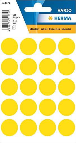 HERMA 1871 Punktaufkleber Klebepunkte gelb, 100 Stück, Ø 19 mm, 20 pro Bogen, selbstklebend, Markierungspunkte für Kalender Planer Basteln, matt, blanko Papier Farbpunkte Etiketten Aufkleber von HERMA