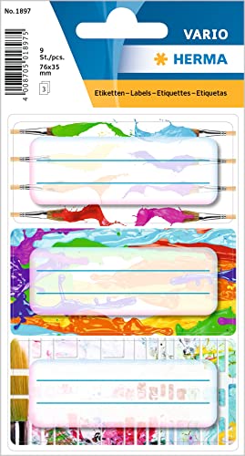 HERMA 1897 Buchetiketten zum Beschriften Farben, 9 Stück, 76 x 35 mm, selbstklebend, liniert, Buchaufkleber für Schule Kinder Mädchen Jungen, mehrfarbige Heftetiketten Aufkleber, bunt von HERMA