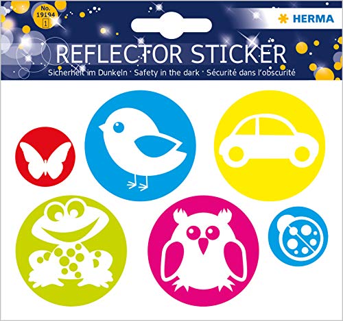 HERMA 19194 Reflektor Aufkleber Tiere bunt, 6 Stück, selbstklebende Kinder Reflektor Sticker für Fahrrad Helm Schulranzen Rollator Auto Koffer Kinderzimmer, Motiv Leuchtaufkleber Leuchtsticker Set von HERMA