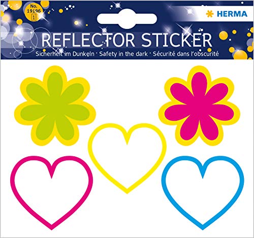 HERMA 19196 Reflektor Aufkleber Herz Blumen bunt, 5 Stück, selbstklebend Kinder Reflektor Sticker für Fahrrad Helm Schulranzen Rollator Koffer Kinderzimmer, Motiv Leuchtaufkleber Leuchtsticker Set HERMA 19196 Reflektor Aufkleber Herz Blumen bunt, 5 Stück, selbstklebend Kinder Reflektor Sticker für Fahrrad Helm Schulranzen Rollator Koffer Kinderzimmer, Motiv Leuchtaufkleber Leuchtsticker Set von HERMA