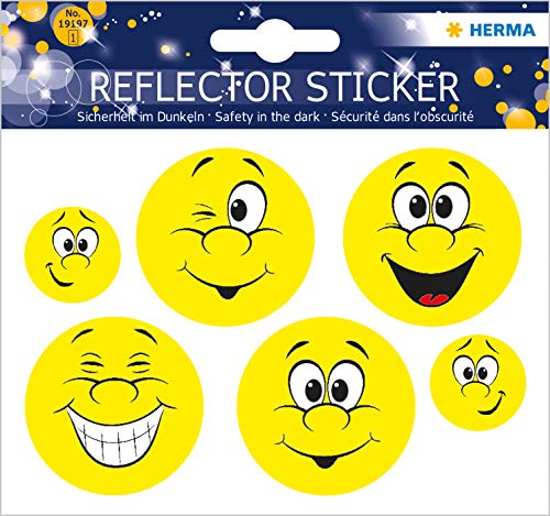 HERMA 19197 Reflektor Aufkleber Emojis Smileys Gesichter gelb, 6 Stück, selbstklebend Kinder Reflektor Sticker für Fahrrad Helm Schulranzen Koffer Kinderzimmer, Motiv Leuchtaufkleber Leuchtsticker Set von HERMA