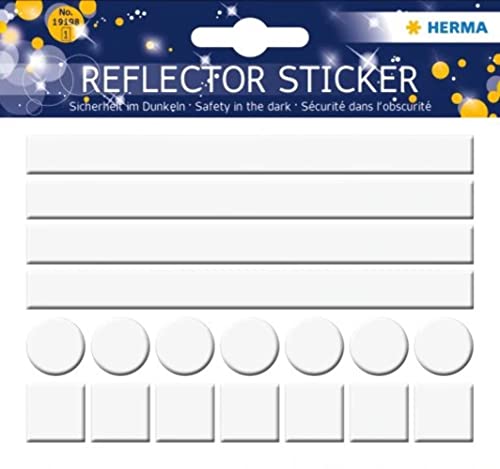 HERMA 19198 Reflektor Aufkleber neutral weiß rund rechteckig quadrat, 18 Stück, selbstklebend Kinder Reflektor Sticker für Fahrrad Helm Schulranzen Rollator Koffer, Leuchtaufkleber Leuchtsticker Set von HERMA