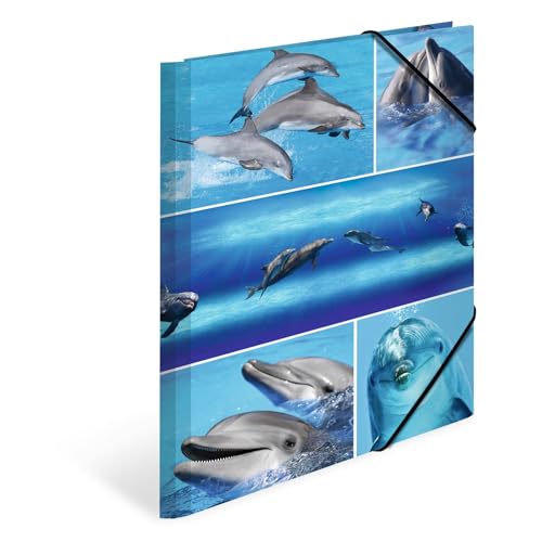 HERMA Sammelmappe A4 Delfine, Kinder Eckspanner-Mappe aus Pappe mit Tier Motiv, Gummizug, Innenklappen und Innendruck für Jungen und Mädchen HERMA Sammelmappe A4 Delfine, Kinder Eckspanner-Mappe aus Pappe mit Tier Motiv, Gummizug, Innenklappen und Innendruck für Jungen und Mädchen von HERMA