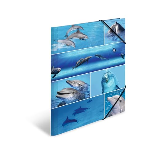 HERMA Sammelmappe A3 Delfine, Kinder Eckspanner-Mappe aus Pappe mit Tier Motiv, Gummizug, Innenklappen und Innendruck für Jungen und Mädchen HERMA Sammelmappe A3 Delfine, Kinder Eckspanner-Mappe aus Pappe mit Tier Motiv, Gummizug, Innenklappen und Innendruck für Jungen und Mädchen von HERMA