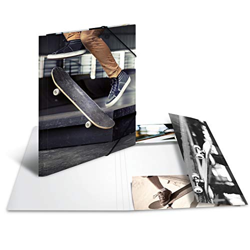 HERMA 19227 Sammelmappen A4 Sport Skateboard, 3 Stück, Kinder Eckspanner-Mappen aus Pappe mit Innendruck & Gummizug, stabiles Einschlagmappen Set aus Karton für Jungen & Mädchen von HERMA
