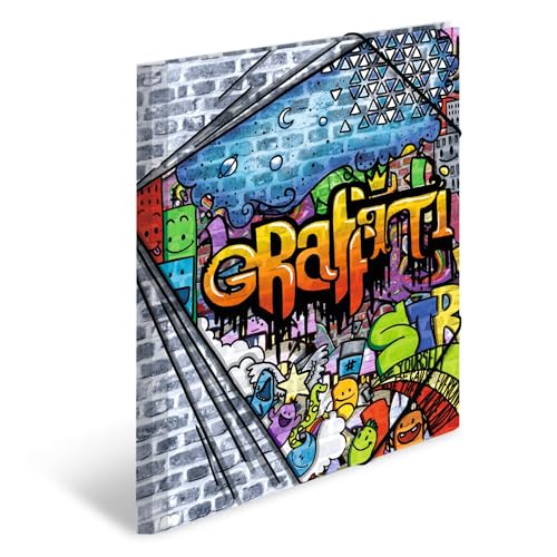 HERMA 19237 Sammelmappen A4 ArtLine Graffiti, 3 Stück, Kinder Eckspanner-Mappen aus Kunststoff mit Innendruck & Gummizug, stabiles Einschlagmappen Set aus Plastik für Jungen & Mädchen von HERMA