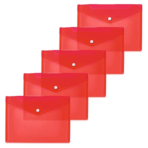 HERMA 20054 Dokumententaschen A5 transparent rot, 5 Stück, kleine Sichttaschen Umschläge mit Druckknopf, Briefumschläge aus Plastik für Schule, Uni, Büro, Reise von HERMA