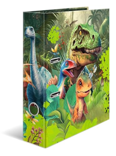 HERMA 20079 Ordner A4 Dino World, 5 Stück, 7 cm breit, Motiv Aktenordner aus Pappe mit Innendruck für Schule & Büro, stabiler Kinder Ringordner aus Karton für Jungen & Mädchen von HERMA