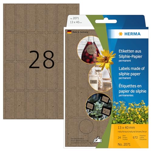 HERMA 2071 Vielzweck-Etiketten, 24 Blatt, 13 x 40 mm, 28 Stück pro Bogen, 672 Aufkleber, selbstklebend, Haushaltsetiketten zum Beschriften, matt, blanko Klebeetiketten aus Silphie-Papier, natur-braun von HERMA