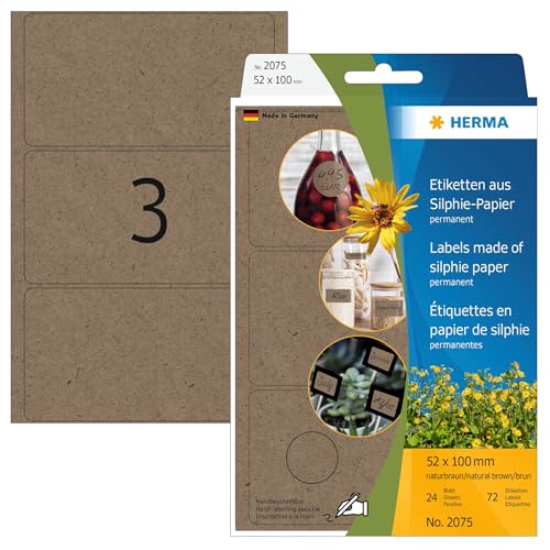HERMA 2075 Vielzweck-Etiketten aus Graspapier, 24 Blatt, 52 x 100 mm, 3 Stück pro Bogen, 72 Aufkleber, selbstklebend, Haushaltsetiketten zum Beschriften, Silphie-Papier Klebeetiketten, natur-braun HERMA 2075 Vielzweck-Etiketten aus Graspapier, 24 Blatt, 52 x 100 mm, 3 Stück pro Bogen, 72 Aufkleber, selbstklebend, Haushaltsetiketten zum Beschriften, Silphie-Papier Klebeetiketten, natur-braun von HERMA