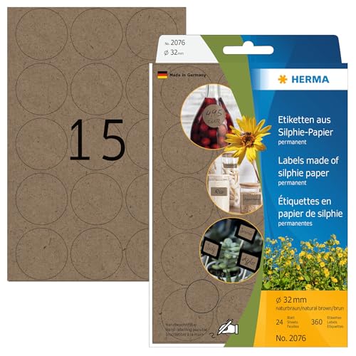 HERMA 2076 Vielzweck-Etiketten aus Graspapier rund, 24 Blatt, Ø 32 mm, 15 Stück pro Bogen, 360 Aufkleber, selbstklebend, Haushaltsetiketten zum Beschriften, Silphie-Papier Klebeetiketten, natur-braun HERMA 2076 Vielzweck-Etiketten aus Graspapier rund, 24 Blatt, Ø 32 mm, 15 Stück pro Bogen, 360 Aufkleber, selbstklebend, Haushaltsetiketten zum Beschriften, Silphie-Papier Klebeetiketten, natur-braun von HERMA