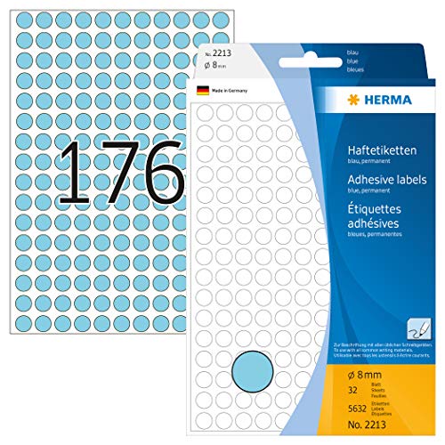 HERMA 2213 Punktaufkleber Klebepunkte blau, 5632 Stück, Ø 8 mm, 176 pro Bogen, selbstklebend, Markierungspunkte für Kalender Planer Basteln, matt, blanko Papier Farbpunkte Aufkleber von HERMA