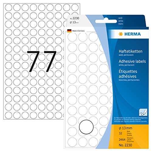 HERMA 2230 Punktaufkleber Klebepunkte weiß, 2464 Stück, Ø 13 mm, 77 pro Bogen, selbstklebend, Markierungspunkte für Kalender Planer Basteln, matt, blanko Papier Farbpunkte Aufkleber von HERMA