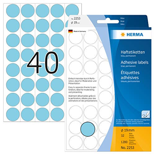 HERMA 2253 Punktaufkleber Klebepunkte perforiert blau, 1280 Stück, Ø 19 mm, 40 pro Bogen, selbstklebend, Markierungspunkte für Kalender Planer, matt, blanko Papier Farbpunkte Aufkleber von HERMA