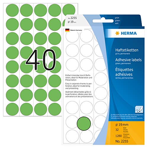 HERMA 2255 Punktaufkleber Klebepunkte perforiert grün, 1280 Stück, Ø 19 mm, 40 pro Bogen, selbstklebend, Markierungspunkte für Kalender Planer, matt, blanko Papier Farbpunkte Aufkleber von HERMA