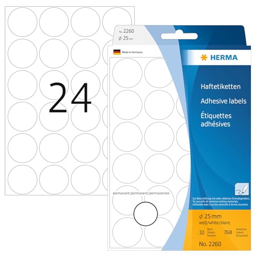 HERMA 2260 Punktaufkleber Klebepunkte weiß, 768 Stück, Ø 25 mm, 24 pro Bogen, selbstklebend, Markierungspunkte für Kalender Planer Basteln, matt, blanko Papier Farbpunkte Aufkleber von HERMA