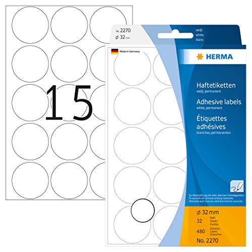 HERMA 2270 Punktaufkleber Klebepunkte weiß, 480 Stück, Ø 32 mm, 15 pro Bogen, selbstklebend, Markierungspunkte für Kalender Planer Basteln, matt, blanko Papier Farbpunkte Aufkleber von HERMA