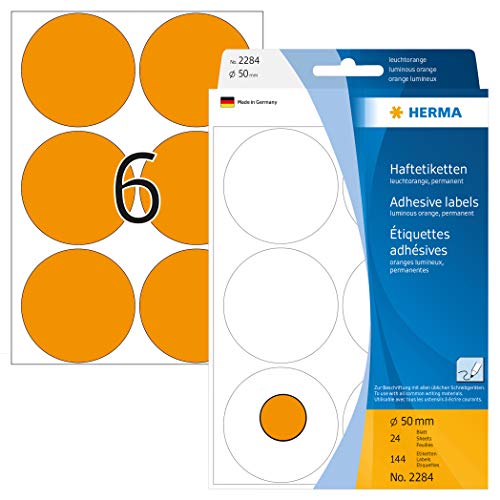 HERMA 2284 Punktaufkleber Klebepunkte leuchtorange, 144 Stück, Ø 50 mm, 6 pro Bogen, selbstklebend, Markierungspunkte für Kalender Planer Basteln, matt, blanko Papier Farbpunkte Aufkleber von HERMA