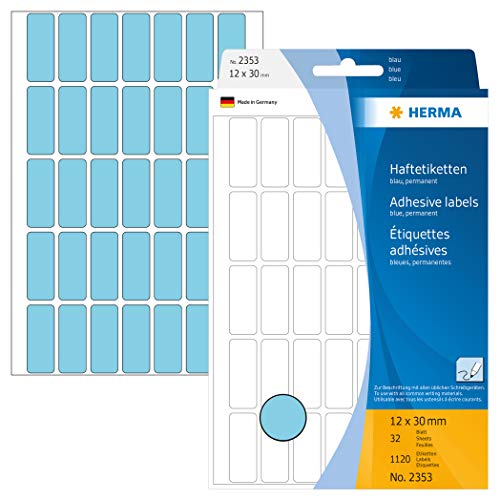 HERMA 2353 Vielzweck-Etiketten, 1120 Stück, 12 x 30 mm, 35 pro Bogen, selbstklebend, Haushaltsetiketten zum Beschriften, matt, blanko Papier Klebeetiketten Aufkleber, blau von HERMA