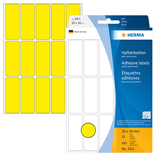 HERMA 2411 Vielzweck-Etiketten, 480 Stück, 20 x 50 mm, 15 pro Bogen, selbstklebend, Haushaltsetiketten zum Beschriften, matt, blanko Papier Klebeetiketten Aufkleber, gelb von HERMA