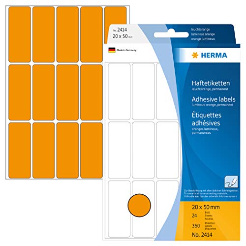 HERMA 2414 Vielzweck-Etiketten, 360 Stück, 20 x 50 mm, 15 pro Bogen, selbstklebend, Haushaltsetiketten zum Beschriften, matt, blanko Papier Klebeetiketten Aufkleber, leucht-orange von HERMA