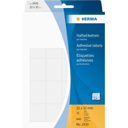 HERMA 2430 Vielzweck-Etiketten, 640 Stück, 22 x 32 mm, 20 pro Bogen, selbstklebend, Haushaltsetiketten zum Beschriften, matt, blanko Papier Klebeetiketten Aufkleber, weiß von HERMA