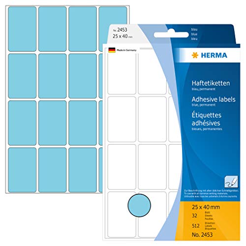 HERMA 2453 Vielzweck-Etiketten, 512 Stück, 25 x 40 mm, 16 pro Bogen, selbstklebend, Haushaltsetiketten zum Beschriften, matt, blanko Papier Klebeetiketten Aufkleber, blau von HERMA