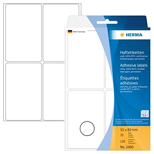 HERMA 2490 Vielzweck-Etiketten, 128 Stück, 52 x 82 mm, 4 pro Bogen, selbstklebend, Haushaltsetiketten zum Beschriften, matt, blanko Papier Klebeetiketten Aufkleber, weiß von HERMA