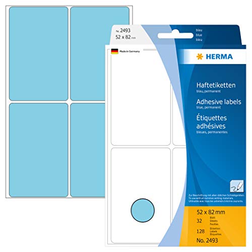 HERMA 2493 Vielzweck-Etiketten, 128 Stück, 52 x 82 mm, 4 pro Bogen, selbstklebend, Haushaltsetiketten zum Beschriften, matt, blanko Papier Klebeetiketten Aufkleber, blau von HERMA