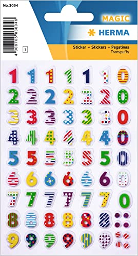 HERMA 3094 Zahlen Aufkleber bunt 0-9, 63 Stück, selbstklebend, klein, 3D Kinder Nummer Ziffer Klebezahlen Sticker Hausnummern mit Muster zum Aufkleben DIY Basteln, mehrfarbig von HERMA