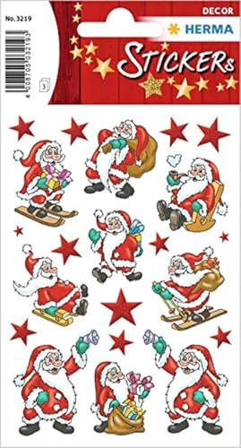 HERMA 3219 Aufkleber Weihnachtsmann klein groß, 63 Stück, Weihnachten Sticker mit Nikolaus Sterne Motiv, Kinder Etiketten für Weihnachtsdeko Geschenke Adventskalender Winter Dekoration DIY Basteln von HERMA