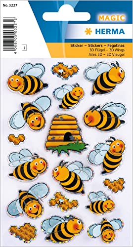 HERMA 3227 Aufkleber Bienen klein groß, 18 Stück, 3D Tiere Sticker mit Bienenwaben Bienenstock Motiv, Kinder Etiketten für Fotoalbum Tagebuch Poesiealbum Scrapbooking Geburtstag Deko DIY Basteln von HERMA